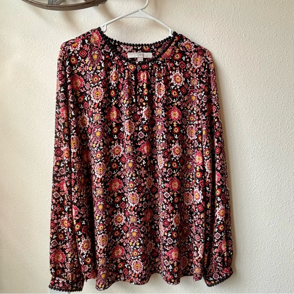 LOFT Floral Print Long Sleeve Blouse - Pink, Orange, Black